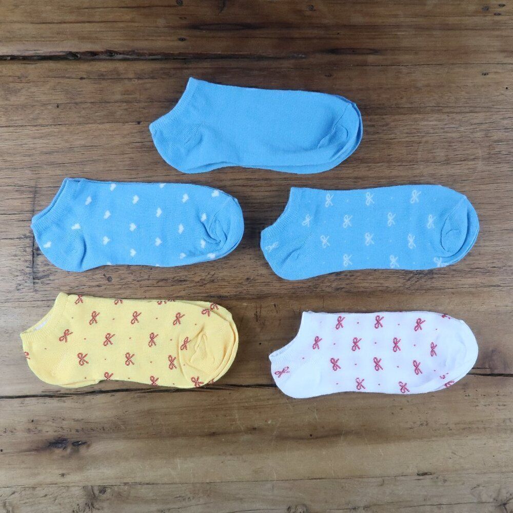 5 PAIR BLUE & YELLOW & WHITE ANKLE SOCKS WITH BOW & HEART PRINT SIZE 5 TO 8 NWT